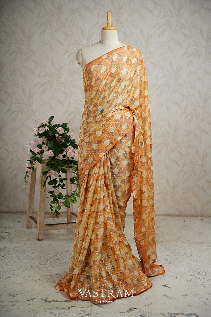 Marigold Orange Lightweight Silk Printed Saree With Jaal Design