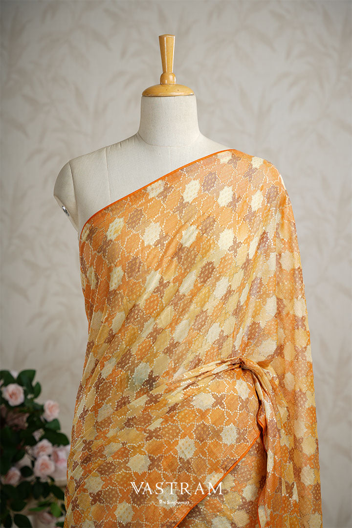 Marigold Orange Lightweight Silk Printed Saree With Jaal Design