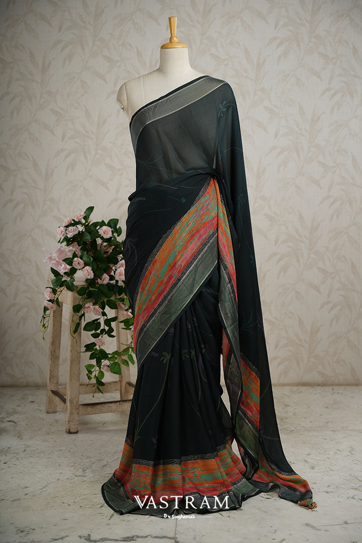 Dark Green Printed Saree With Colourful Abstract Pattern