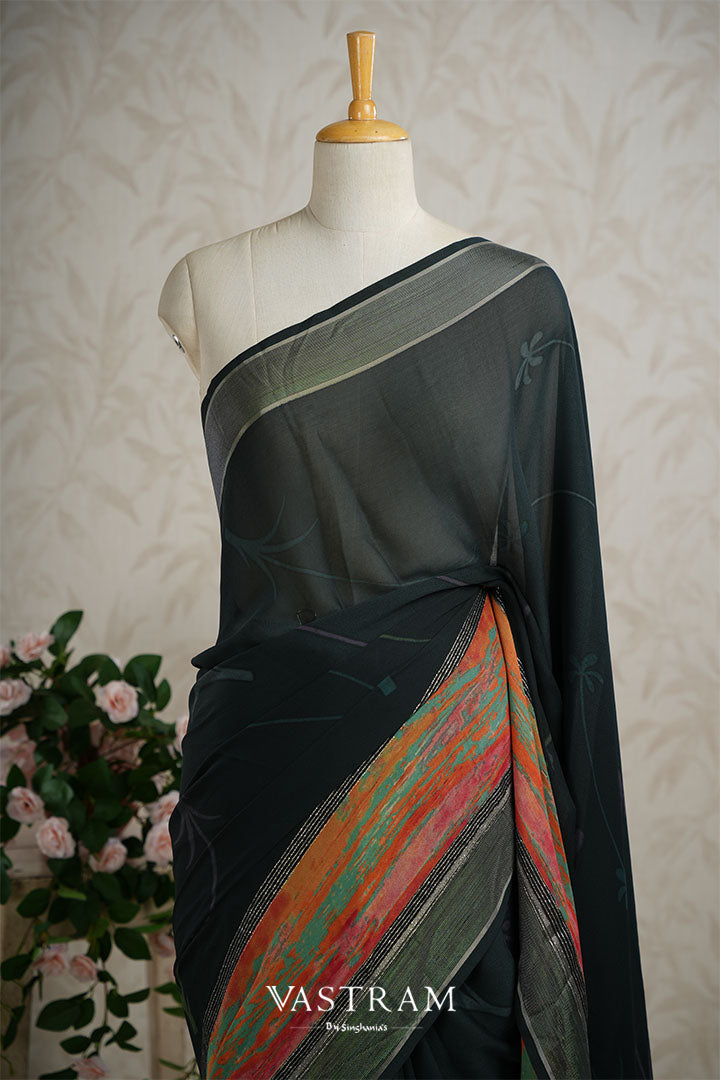 Dark Green Printed Saree With Colourful Abstract Pattern