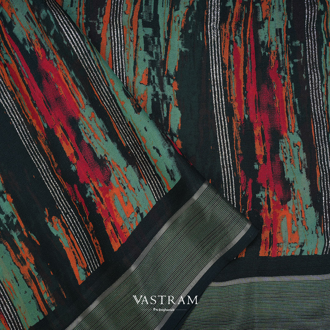 Dark Green Printed Saree With Colourful Abstract Pattern