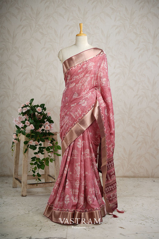 Blush Pink Lightweight Silk Printed Saree With Human-Life Design