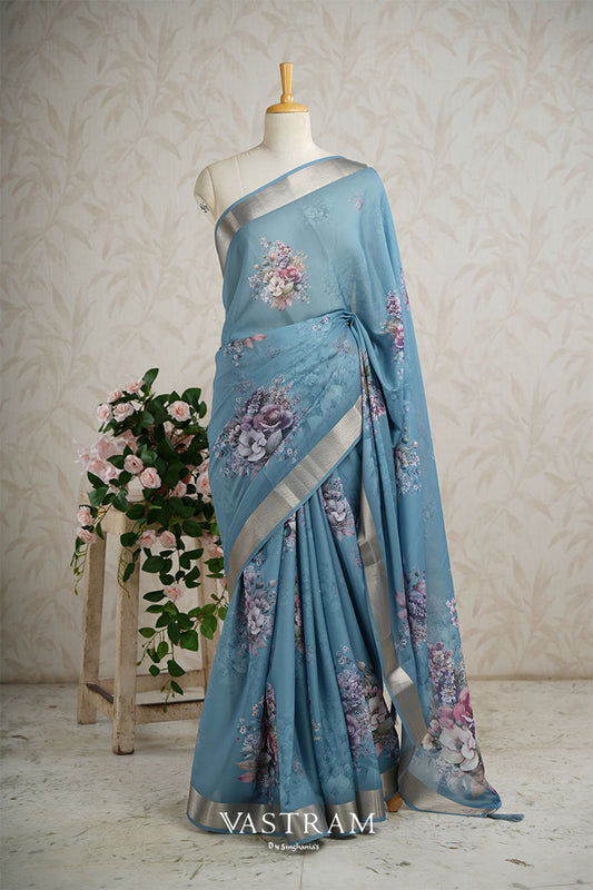 Baby Blue Lightweight Silk Printed Saree With Floral Designs