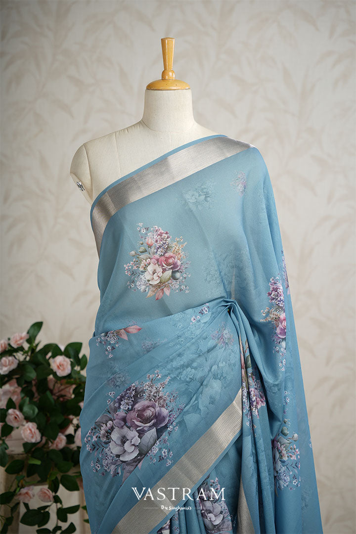 Baby Blue Lightweight Silk Printed Saree With Floral Designs