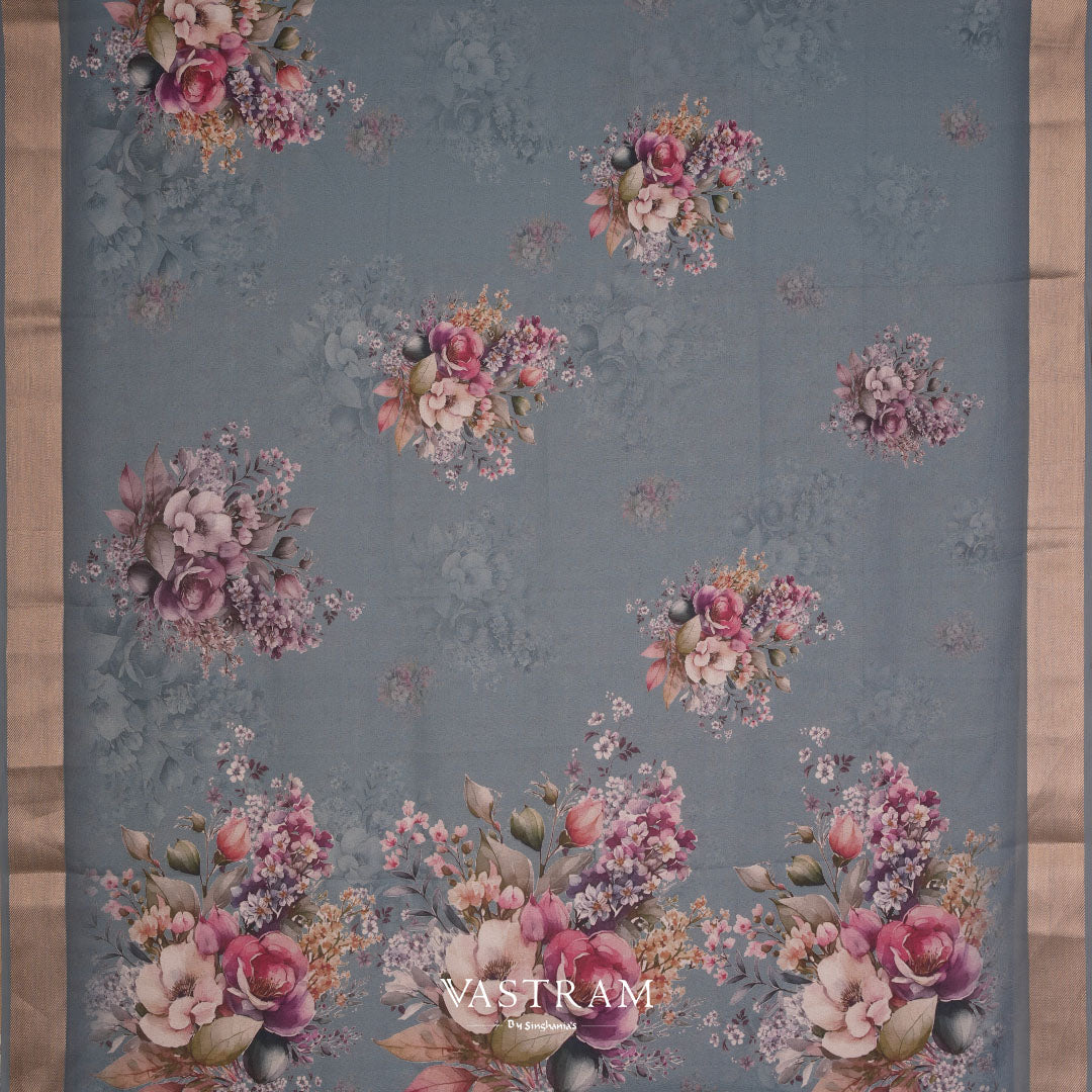 Baby Blue Lightweight Silk Printed Saree With Floral Designs