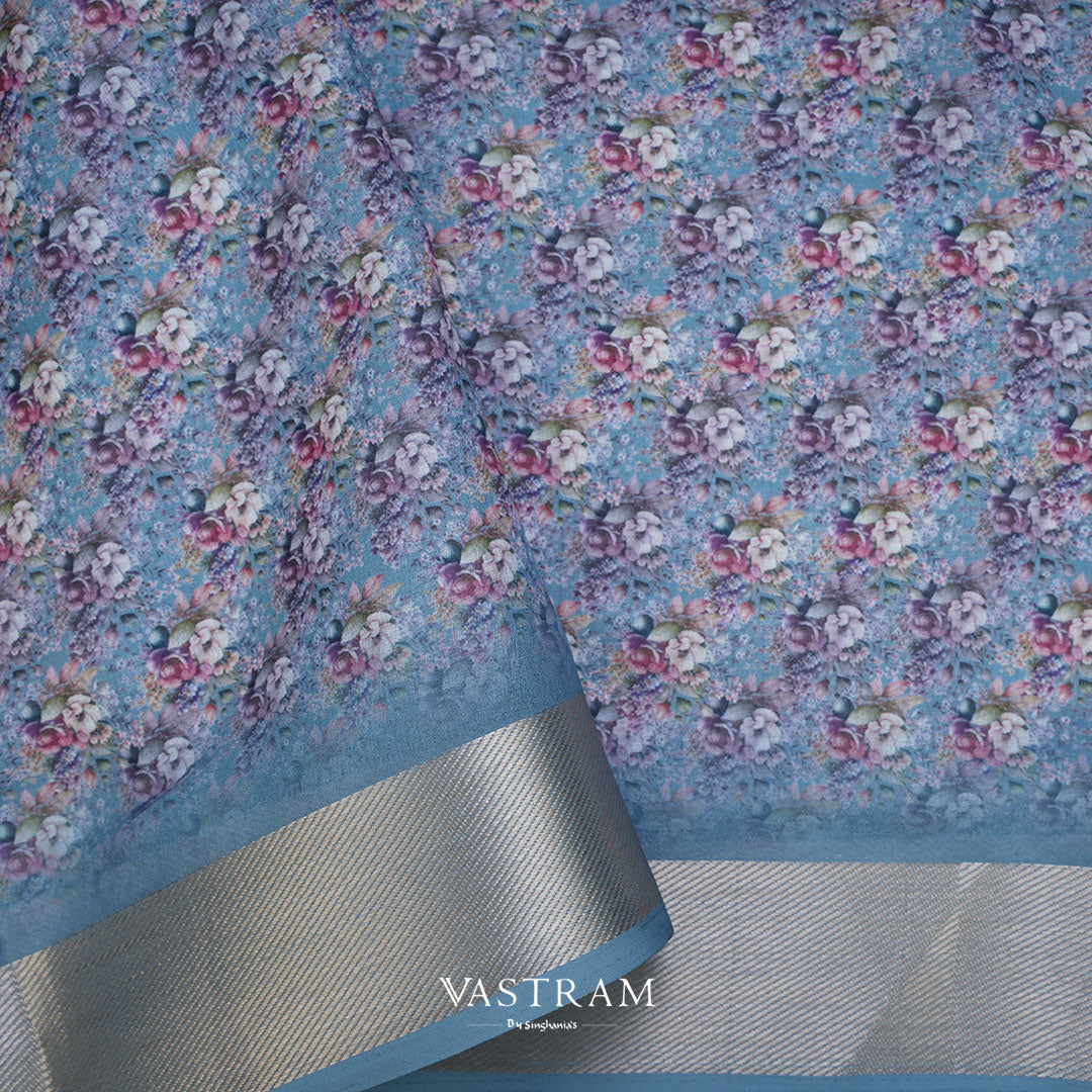 Baby Blue Lightweight Silk Printed Saree With Floral Designs
