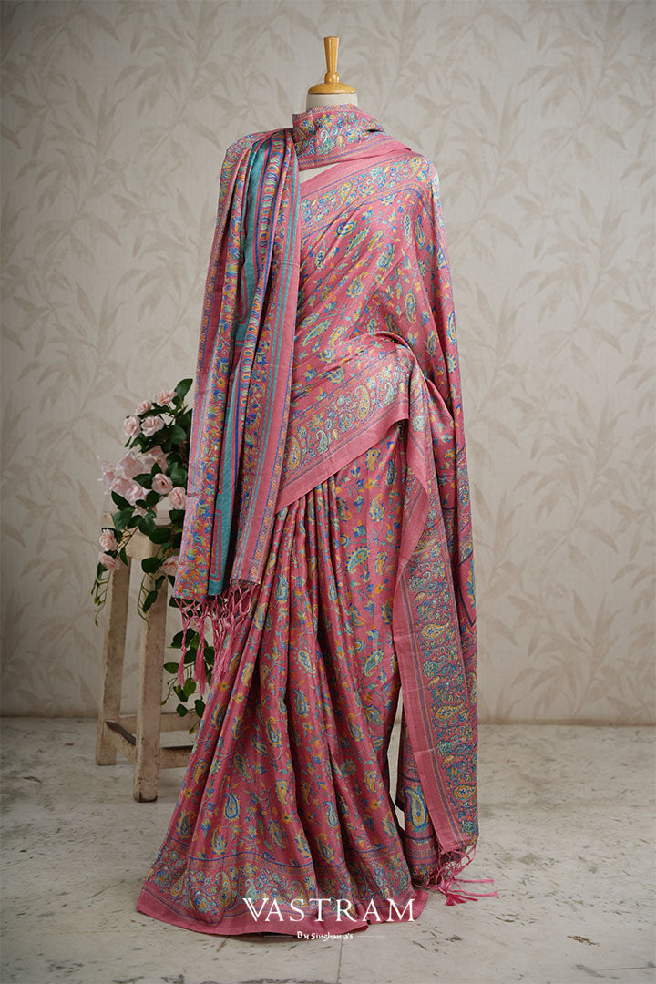 Flamingo Pink Lighweight Kani Silk Saree With Floral Weaving