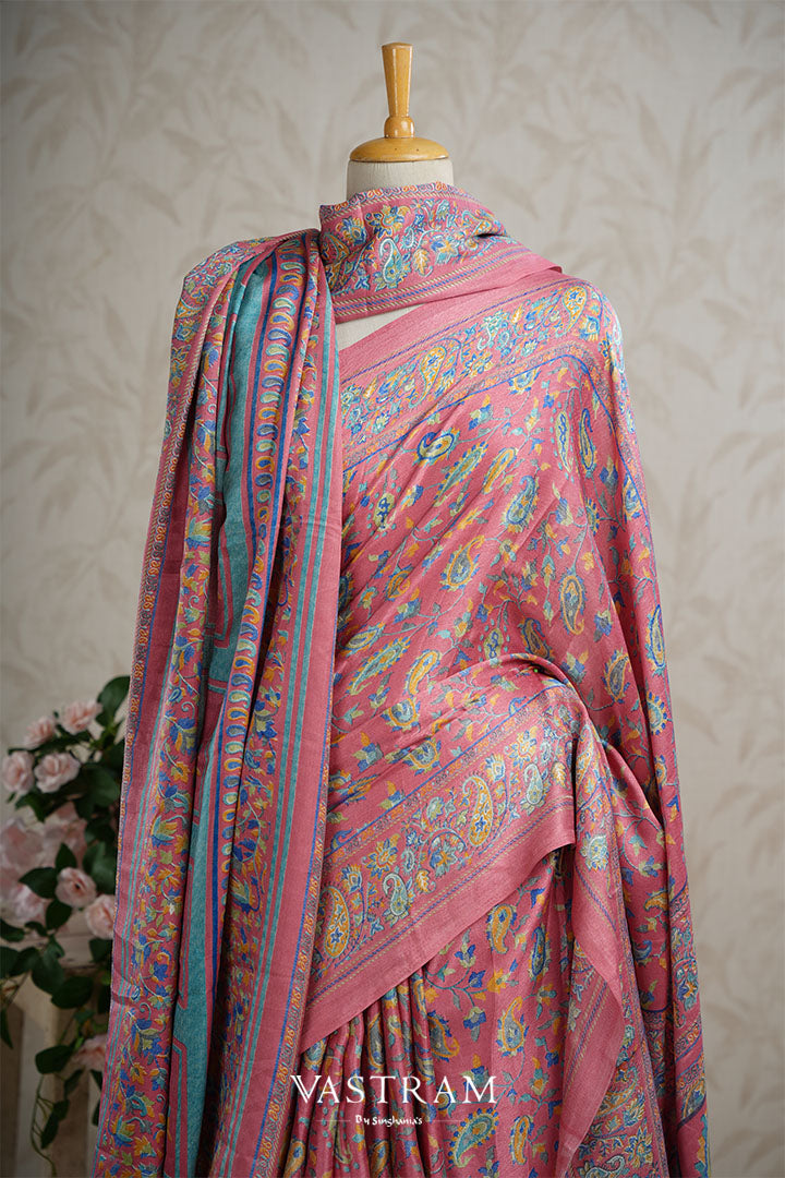 Flamingo Pink Lighweight Kani Silk Saree With Floral Weaving