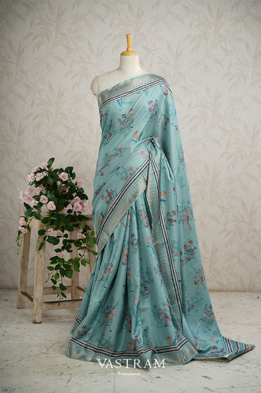 Tiffany Blue Lightweight Silk Printed Saree With Floral-Bird Pattern