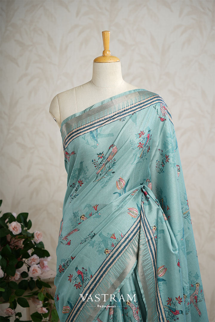 Tiffany Blue Lightweight Silk Printed Saree With Floral-Bird Pattern