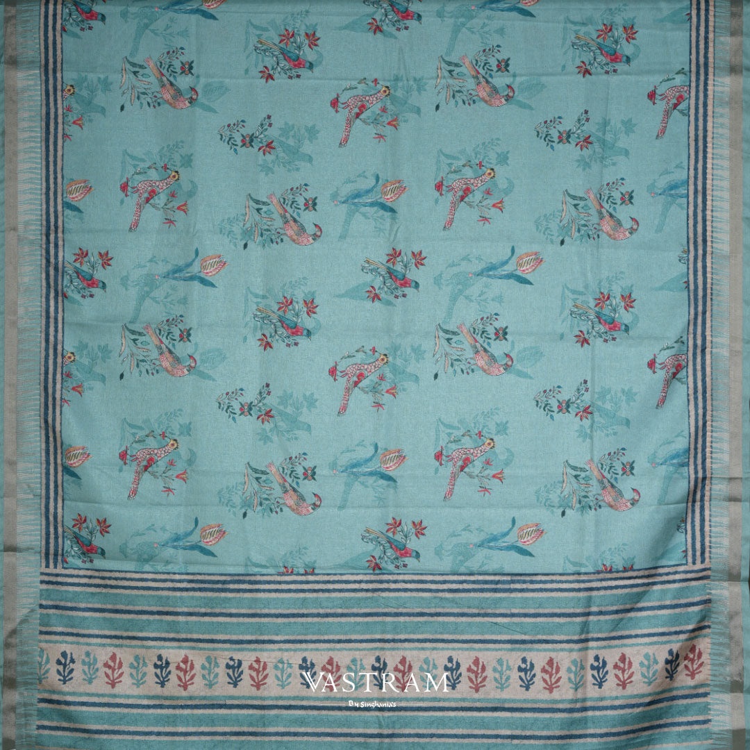 Tiffany Blue Lightweight Silk Printed Saree With Floral-Bird Pattern