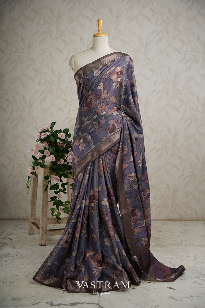 Deep Purple Lightweight Silk Printed Saree With Floral Designs