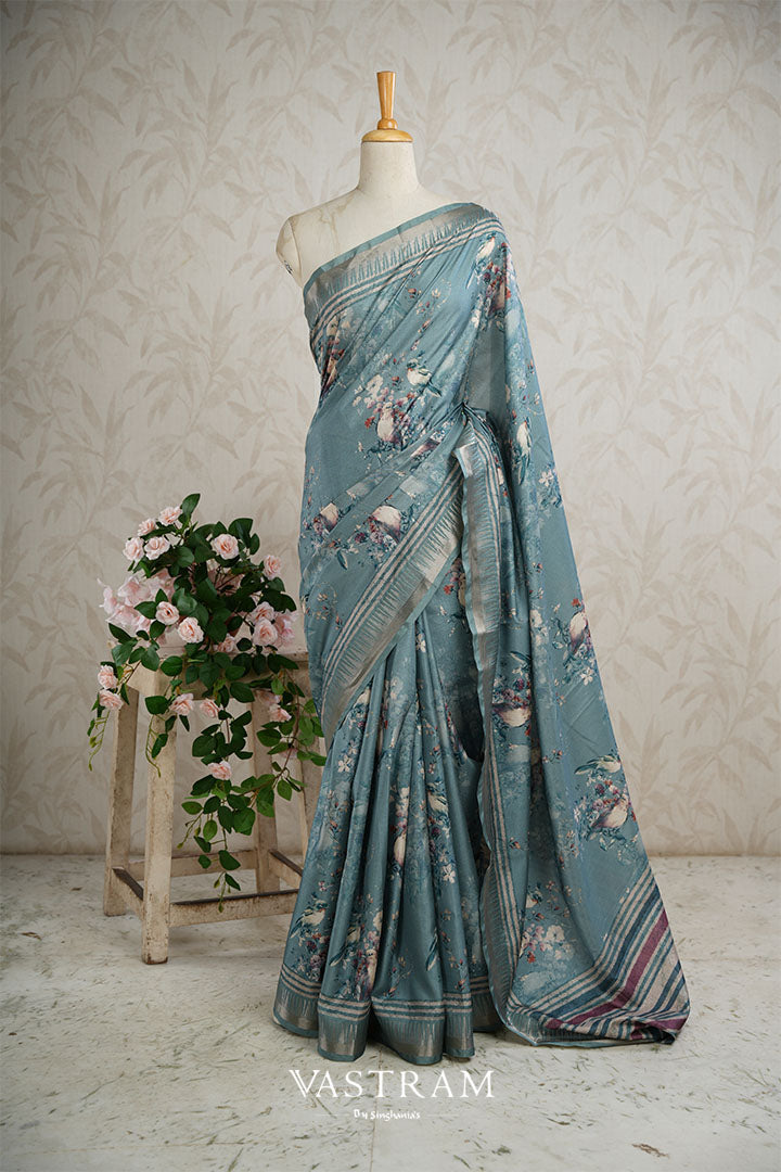 Turkish Blue Lightweight Silk Printed Saree With Floral-Bird Pattern