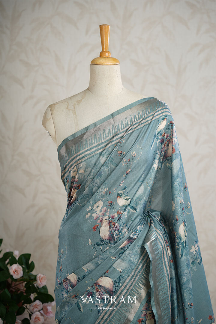 Turkish Blue Lightweight Silk Printed Saree With Floral-Bird Pattern