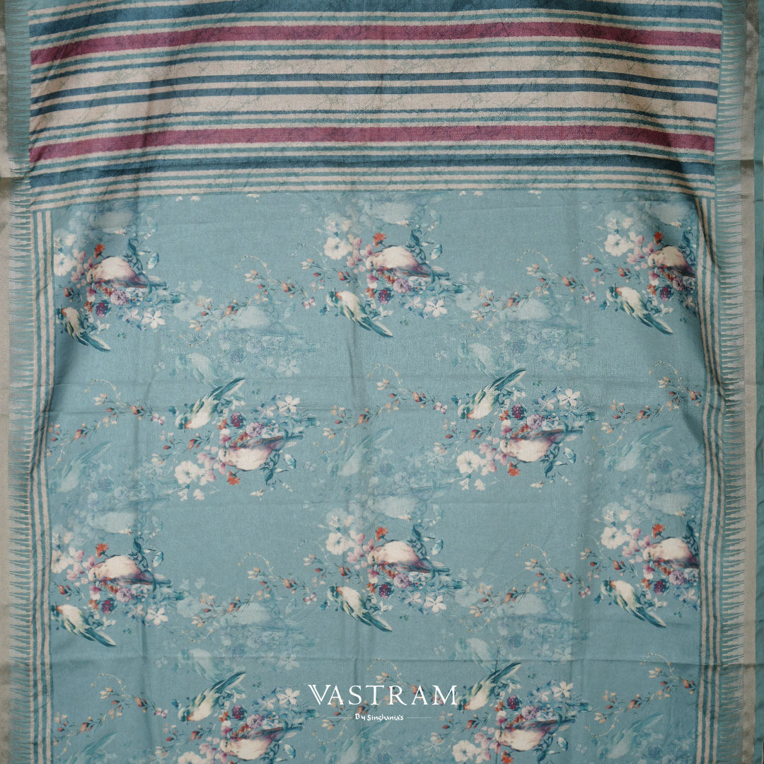 Turkish Blue Lightweight Silk Printed Saree With Floral-Bird Pattern