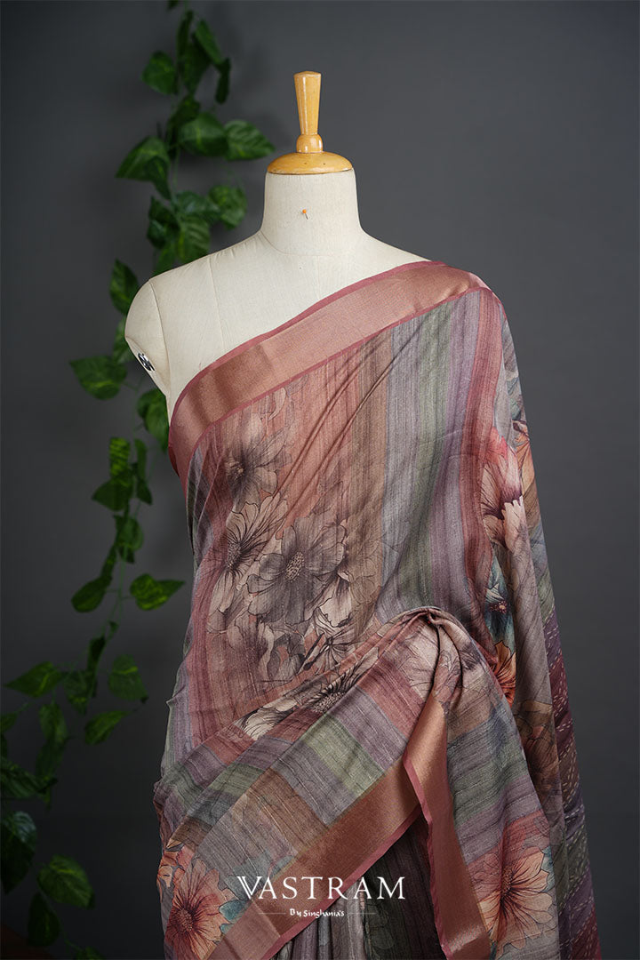 Sea Pink Lightweight Silk Printed Saree With Floral-Stripes Pattern