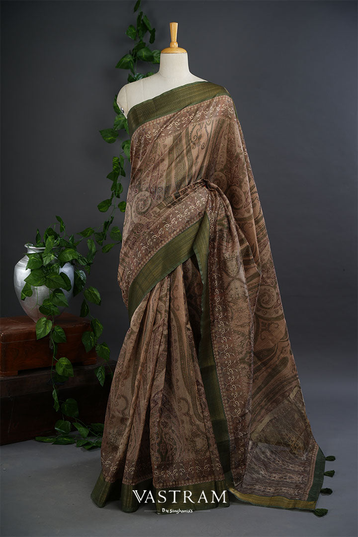 Cashmere Brown Lightweight Silk Printed Saree With Floral-Paisley Designs