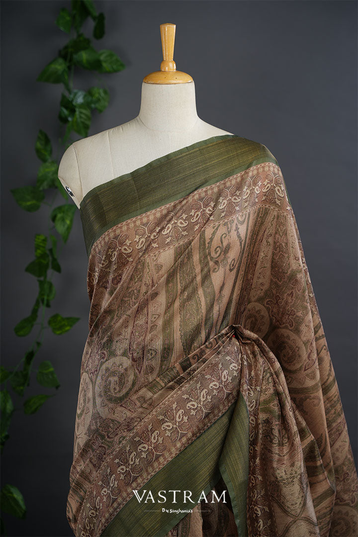 Cashmere Brown Lightweight Silk Printed Saree With Floral-Paisley Designs