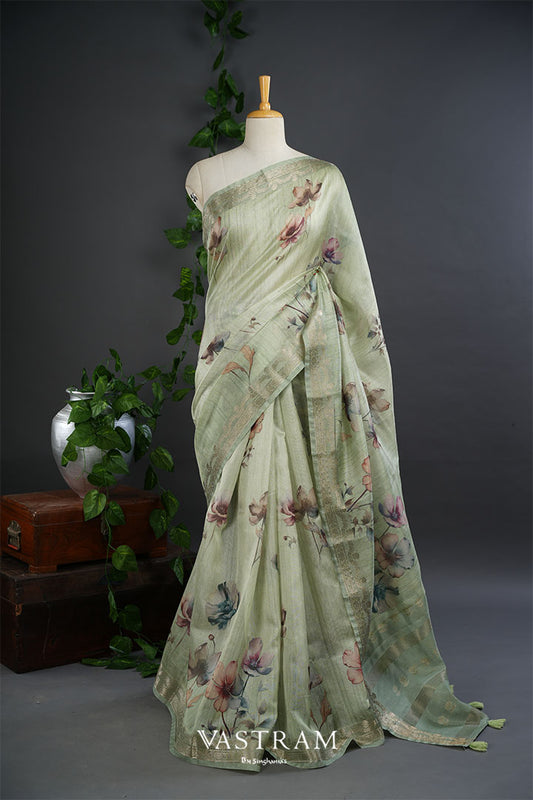 Laurel Green Lightweight Silk Printed Saree With Floral Designs