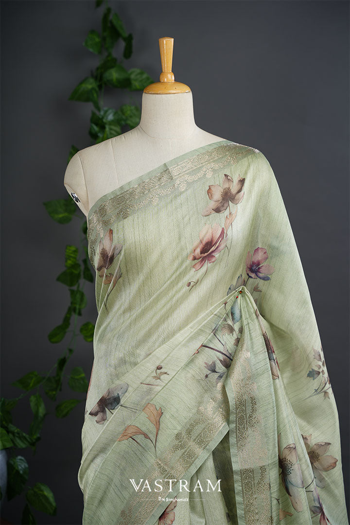 Laurel Green Lightweight Silk Printed Saree With Floral Designs