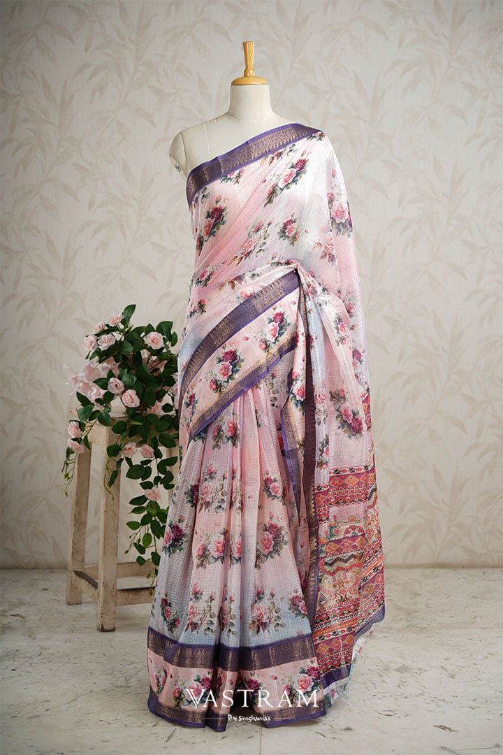 Pale Pink Lightweight Kota Printed Saree With Floral Pattern