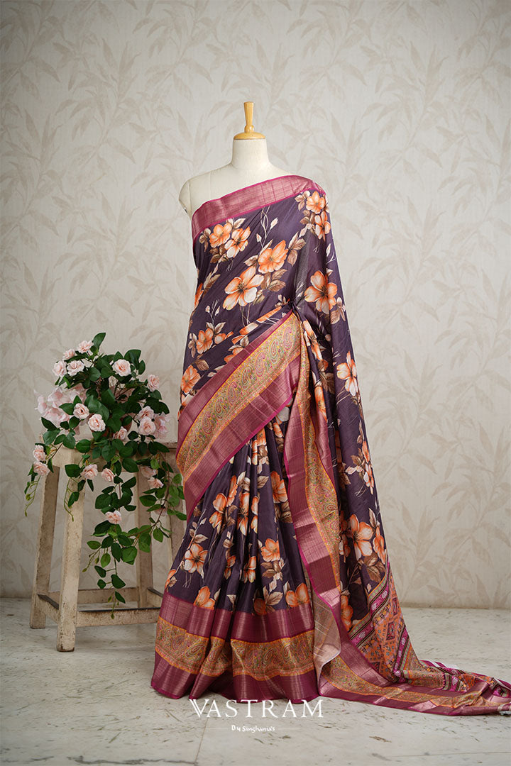 English Violet Lightweight Silk Printed Saree With Floral Designs