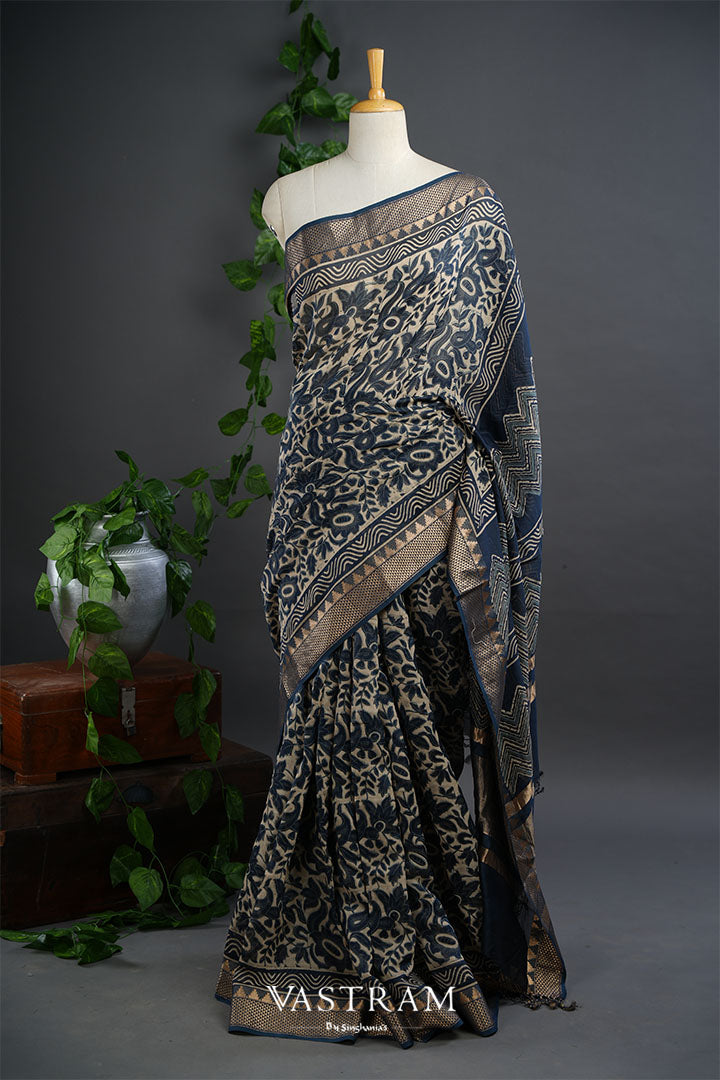 English Cream Printed Chanderi Saree With Geometrical Pattern