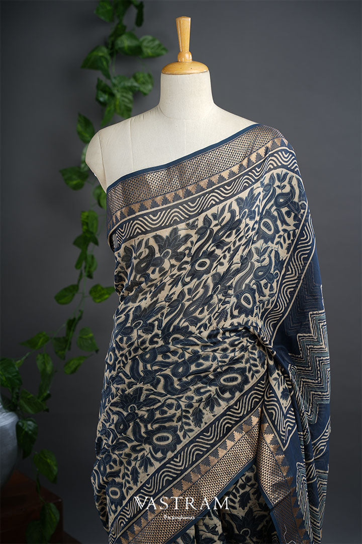 English Cream Printed Chanderi Saree With Geometrical Pattern