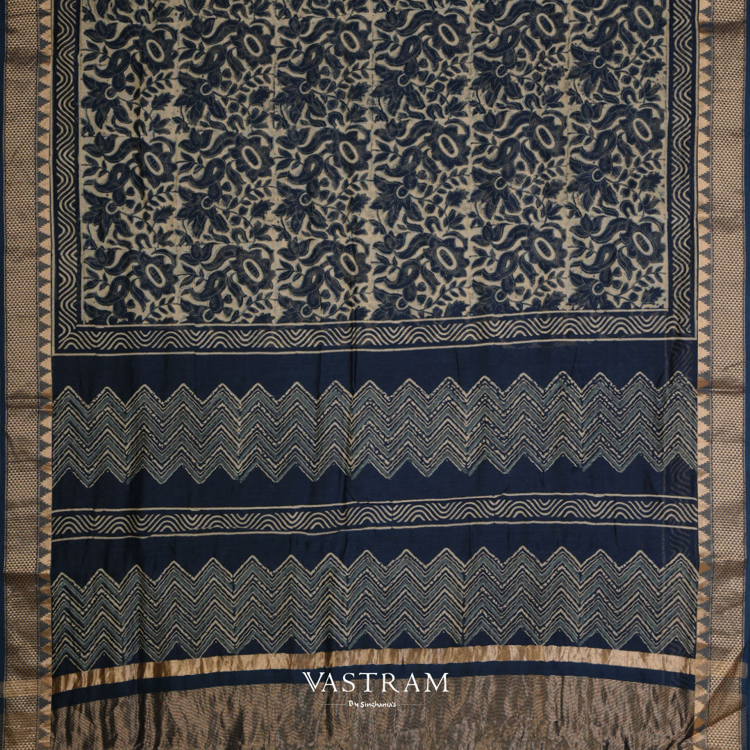 English Cream Printed Chanderi Saree With Geometrical Pattern