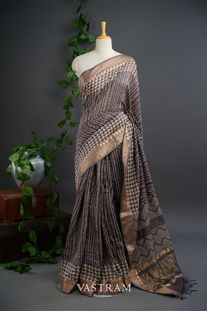 Purple Taupe Printed Chanderi Saree With Abstract Pattern