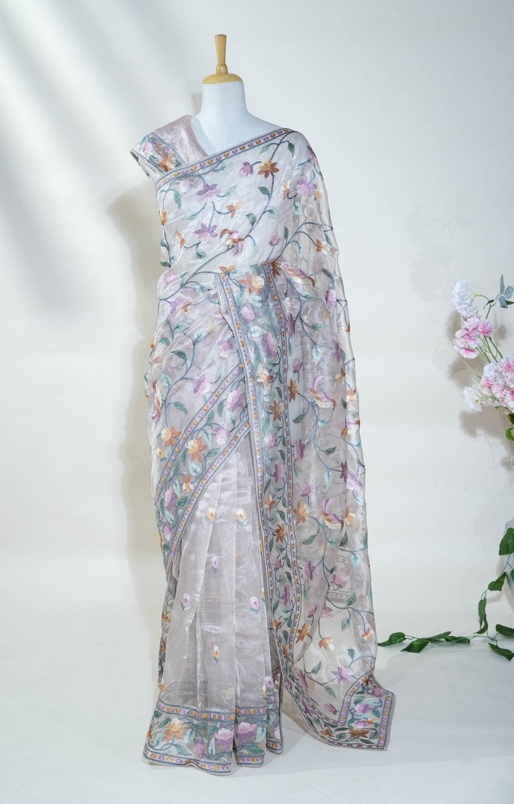 Pastel Embroidery Tissue Saree