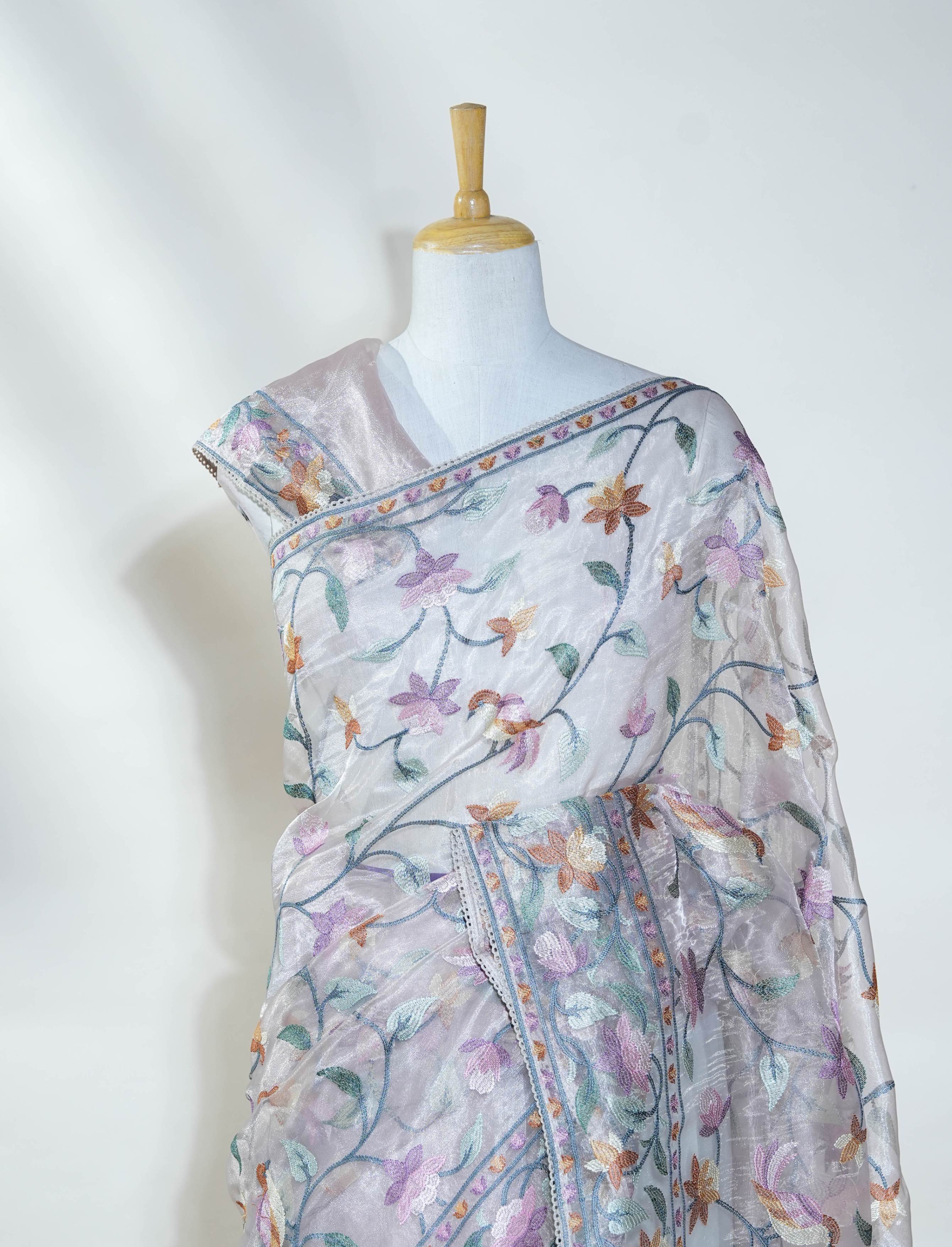 Pastel Embroidery Tissue Saree