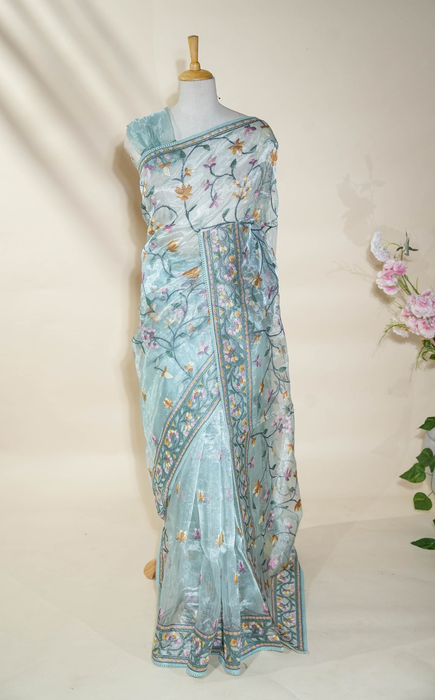 Ferozi Embroidery Tissue Saree