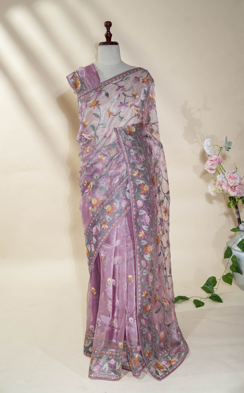 Pink Embroidery Tissue Saree
