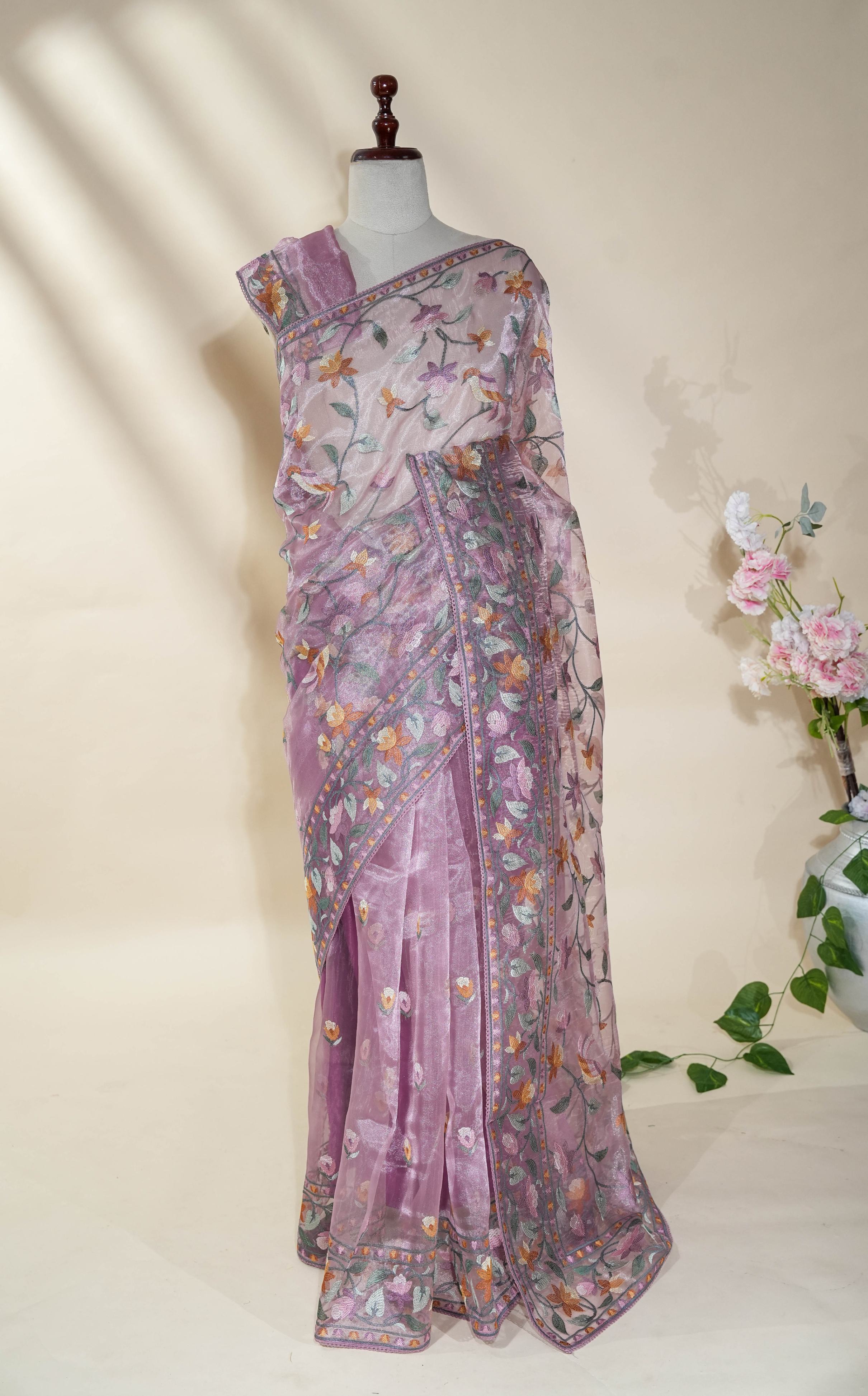 Pink Embroidery Tissue Saree