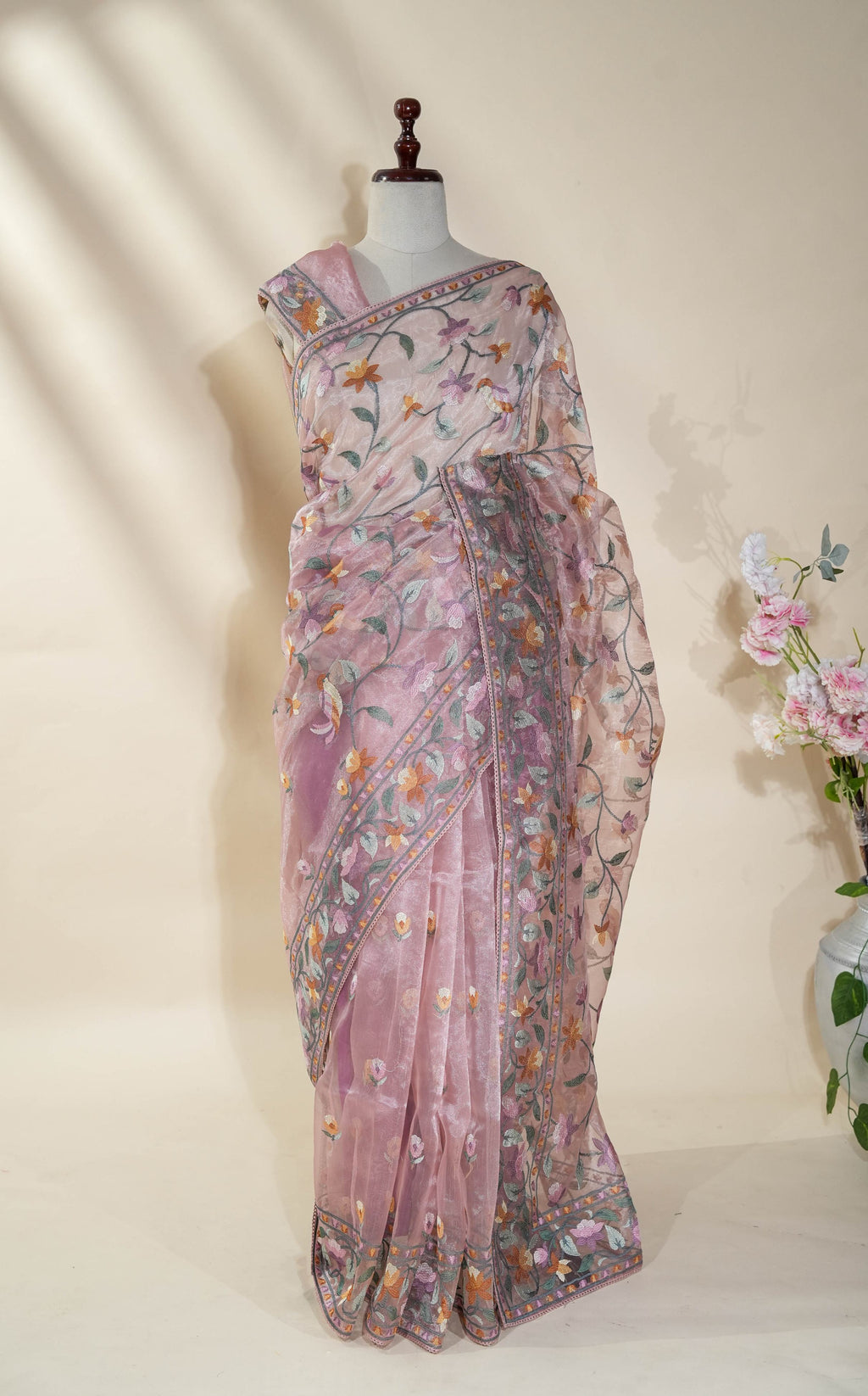 Pink Embroidery Tissue Saree