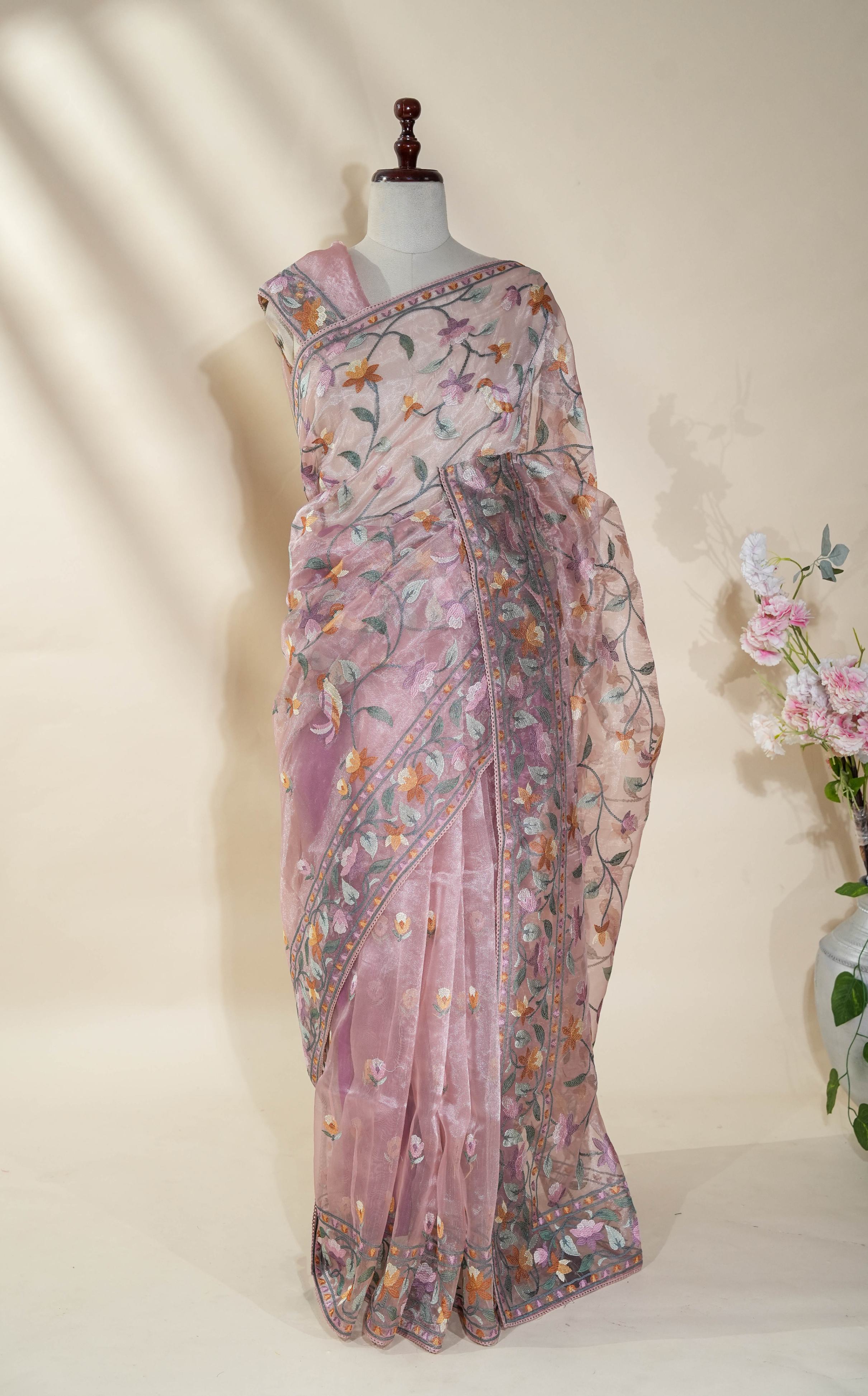 Pink Embroidery Tissue Saree