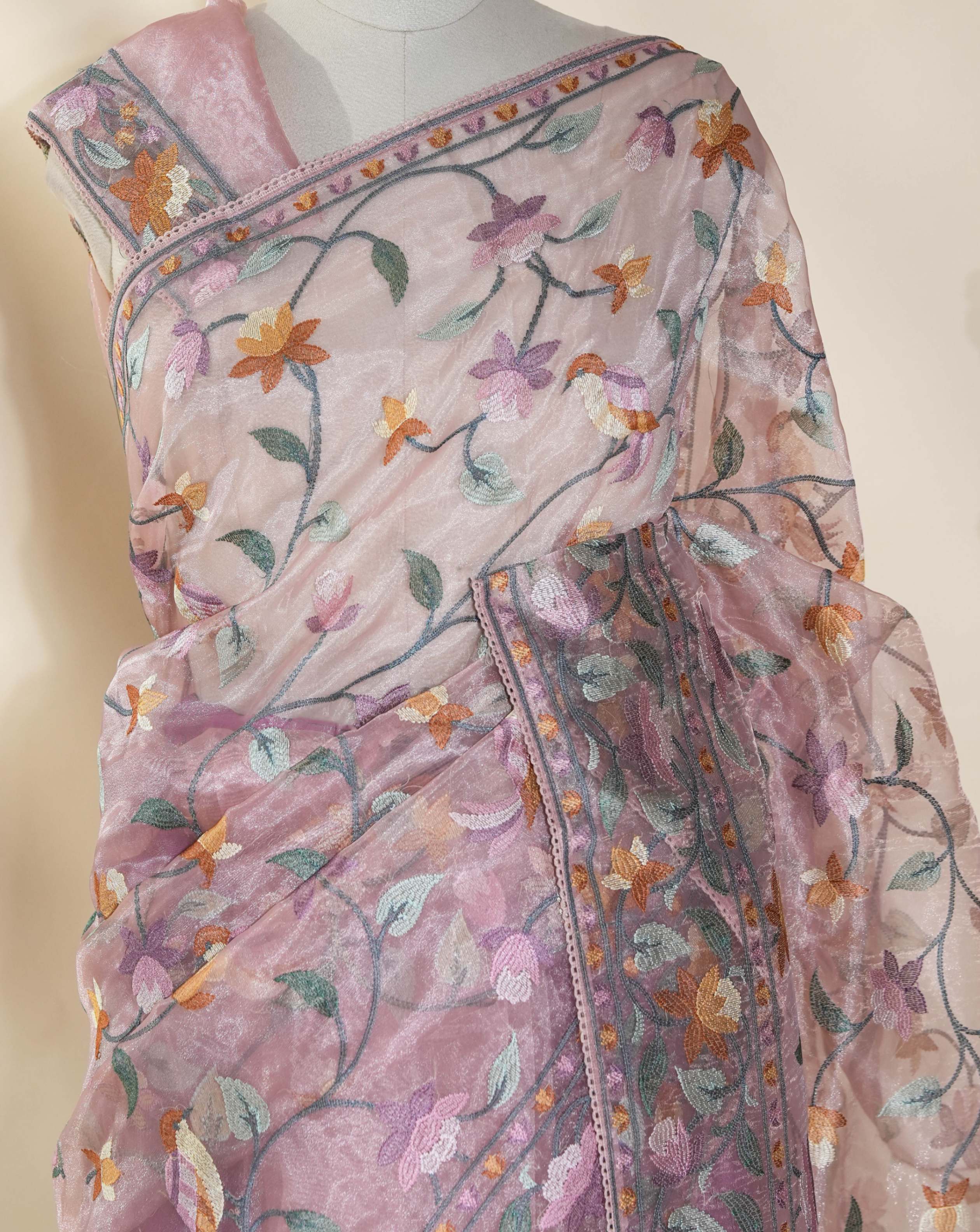Pink Embroidery Tissue Saree