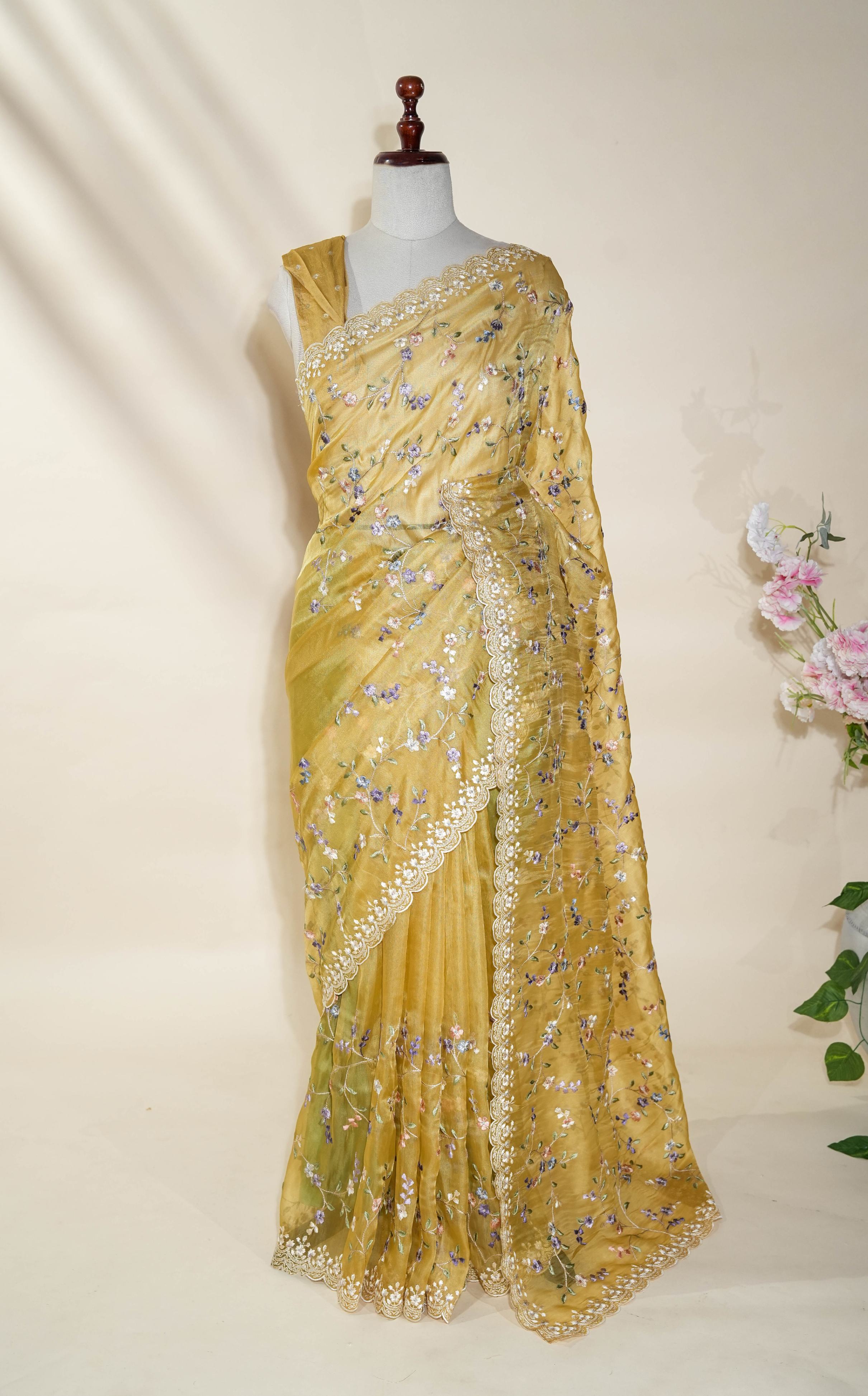 Yellow Embroidery Organza Saree