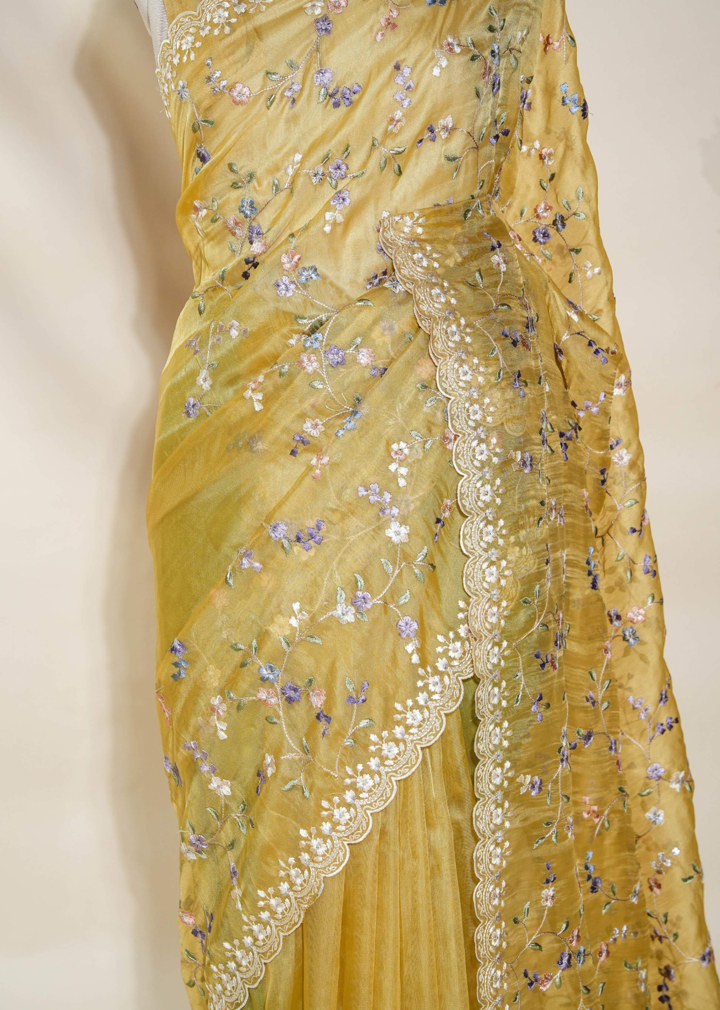 Yellow Embroidery Organza Saree