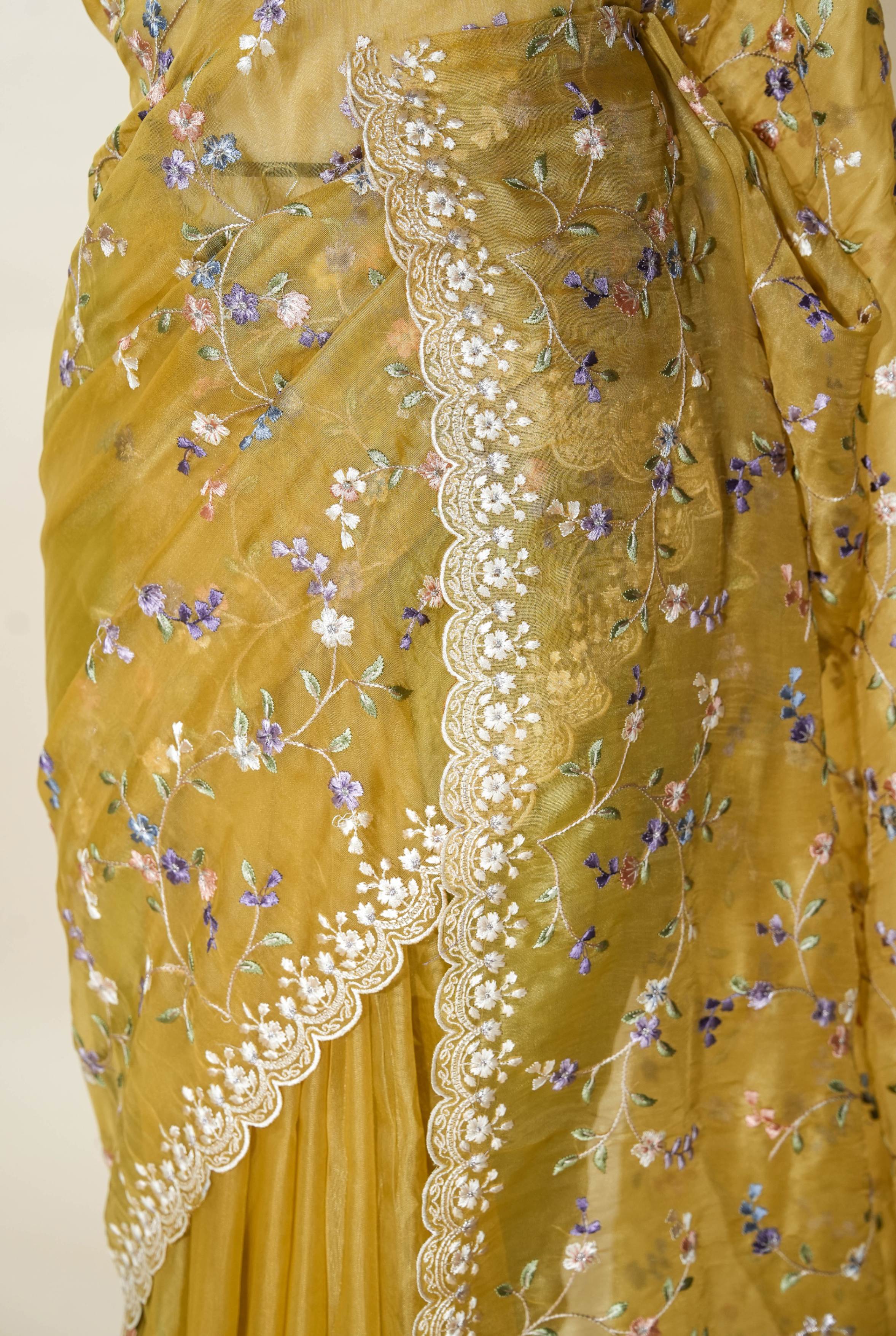 Yellow Embroidery Organza Saree