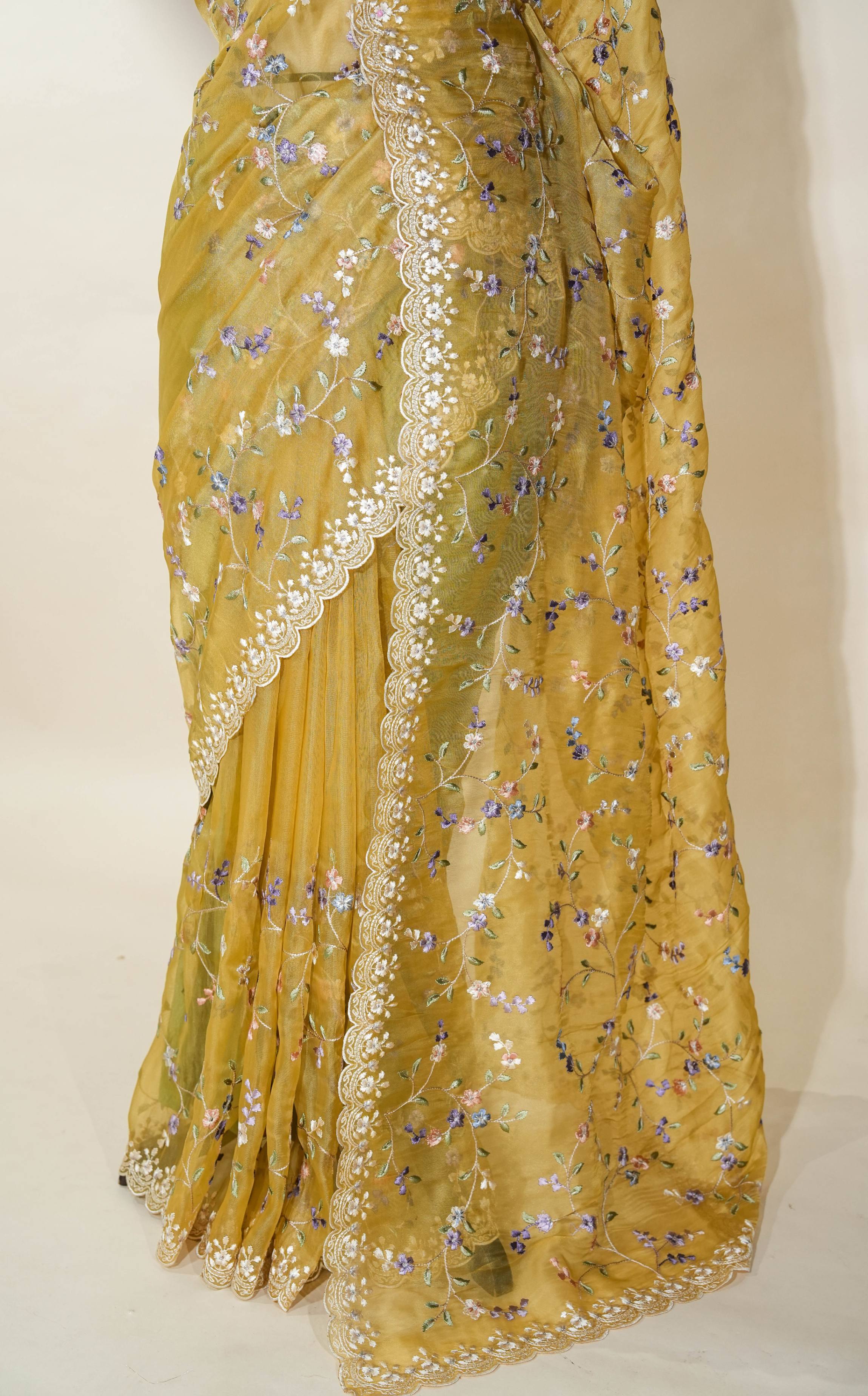 Yellow Embroidery Organza Saree