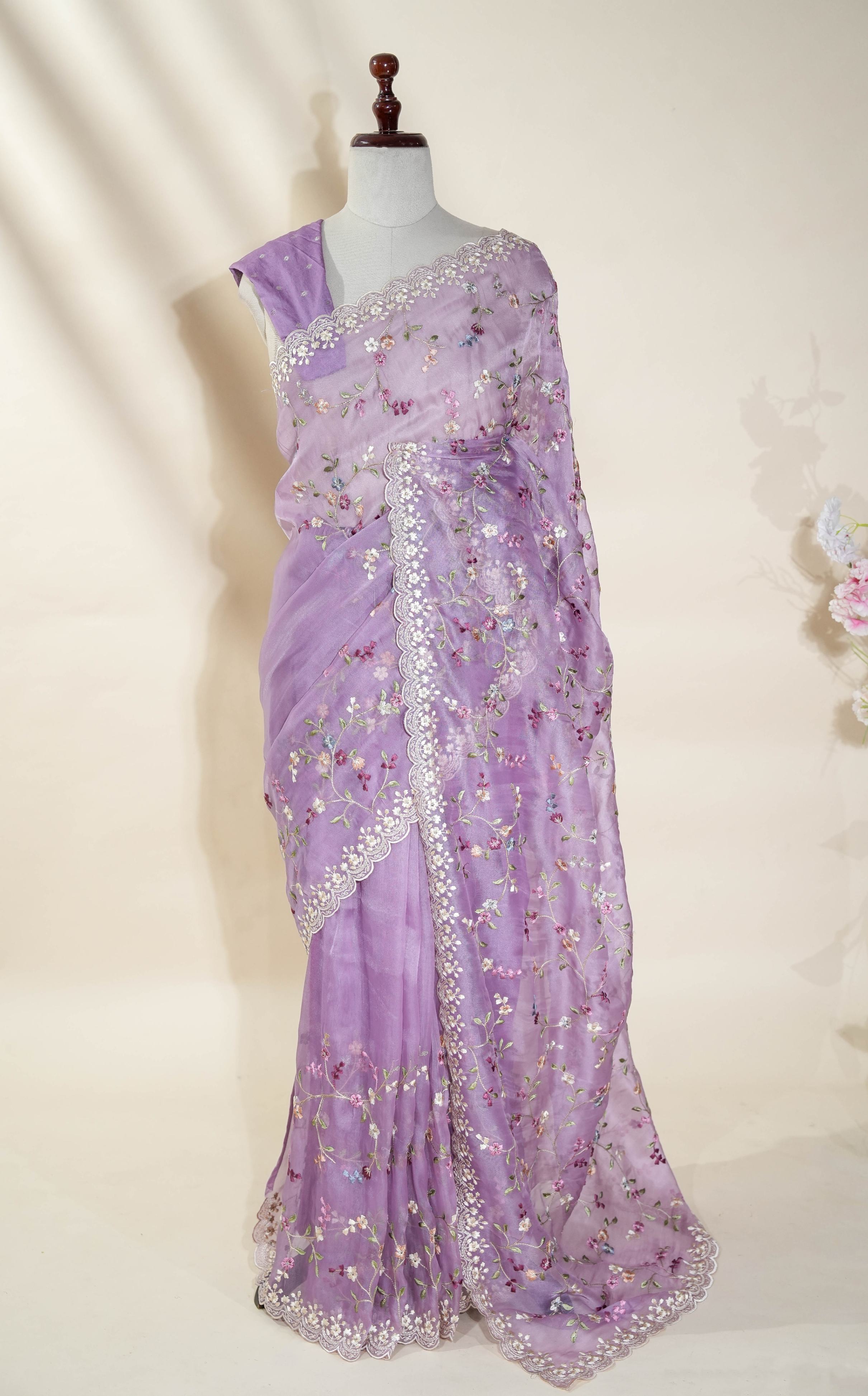 Purple Embroidery Organza Saree