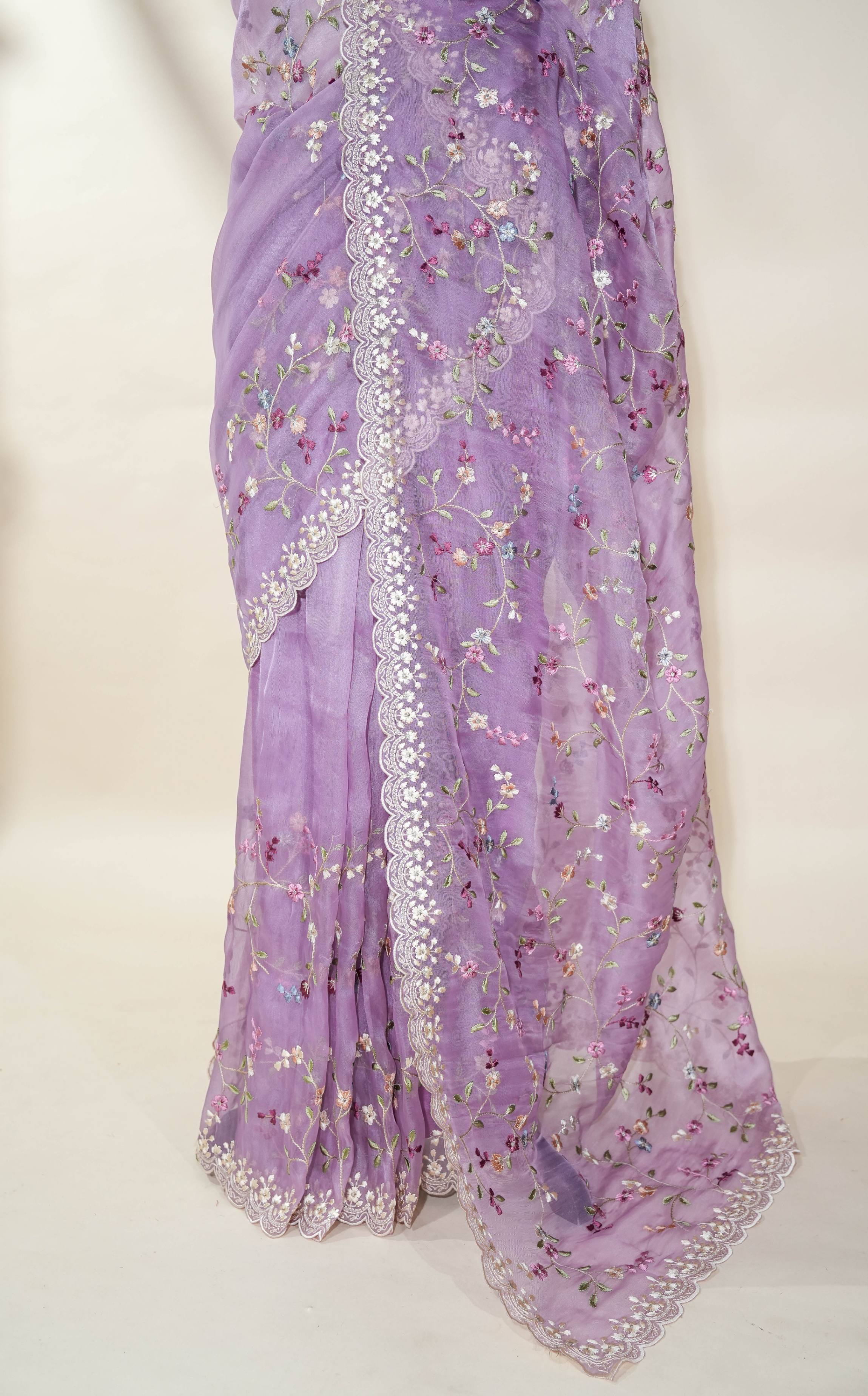 Purple Embroidery Organza Saree