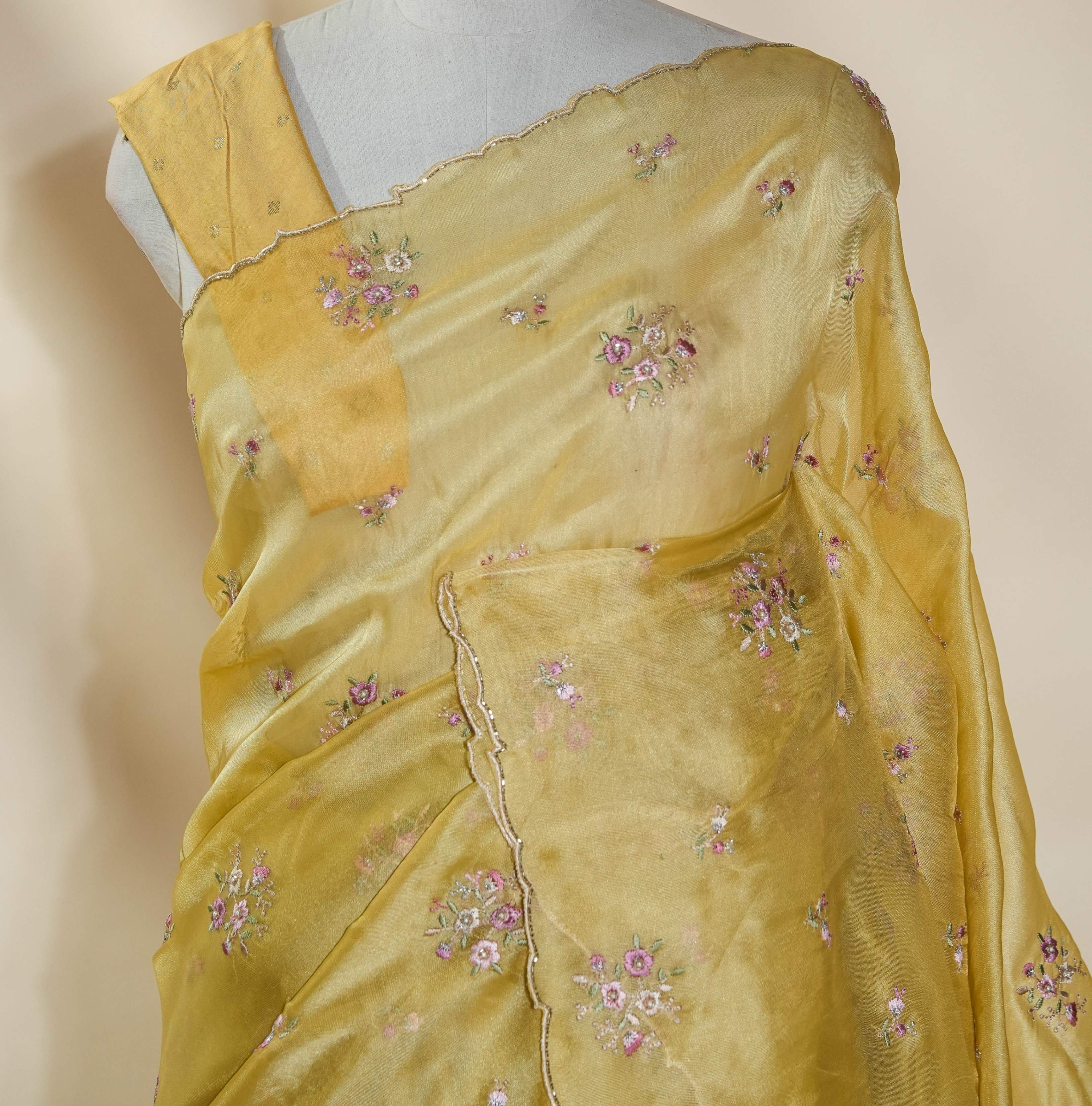 Yellow Embroidery Organza Saree