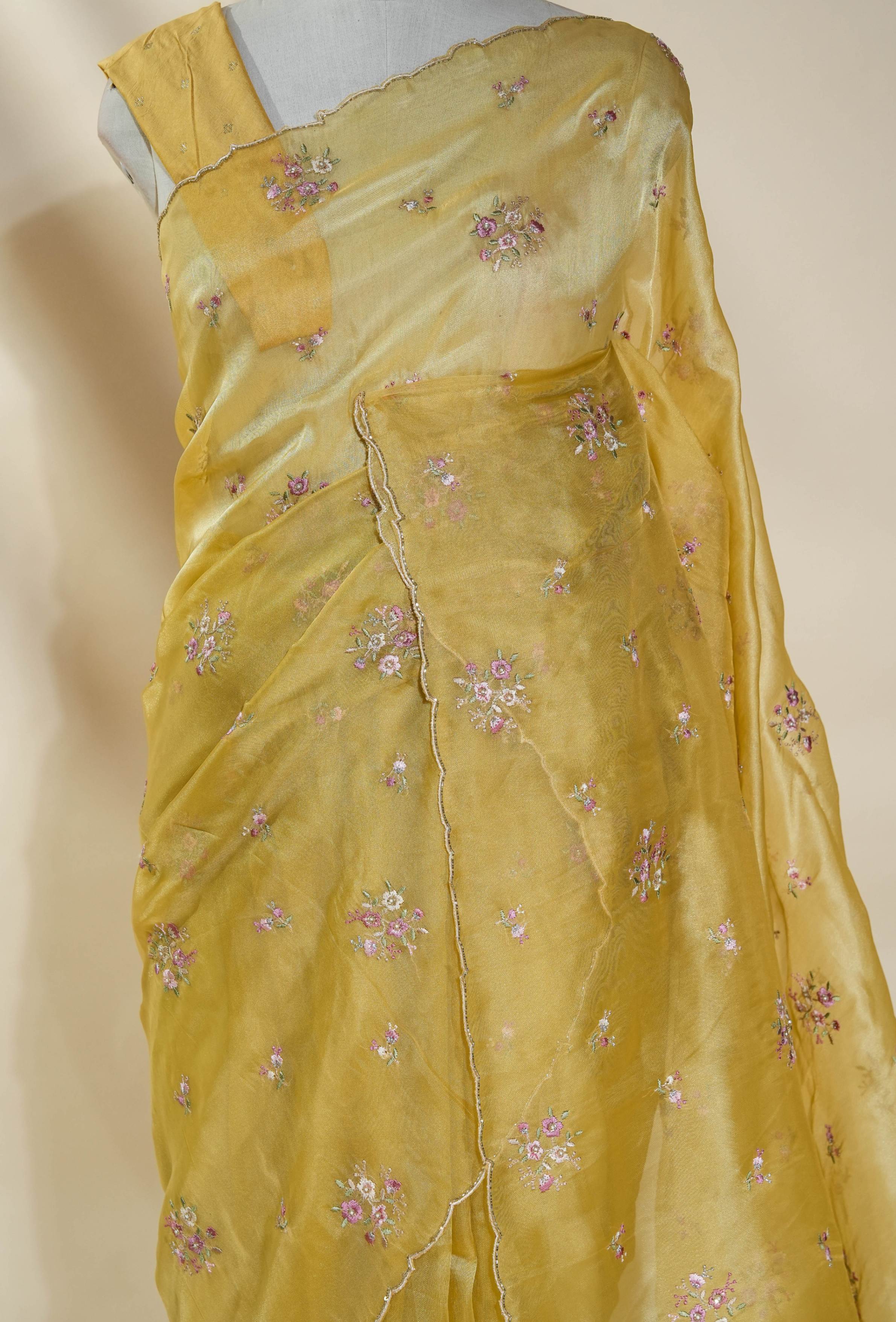 Yellow Embroidery Organza Saree