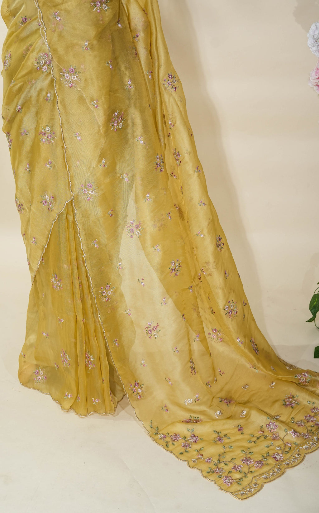 Yellow Embroidery Organza Saree