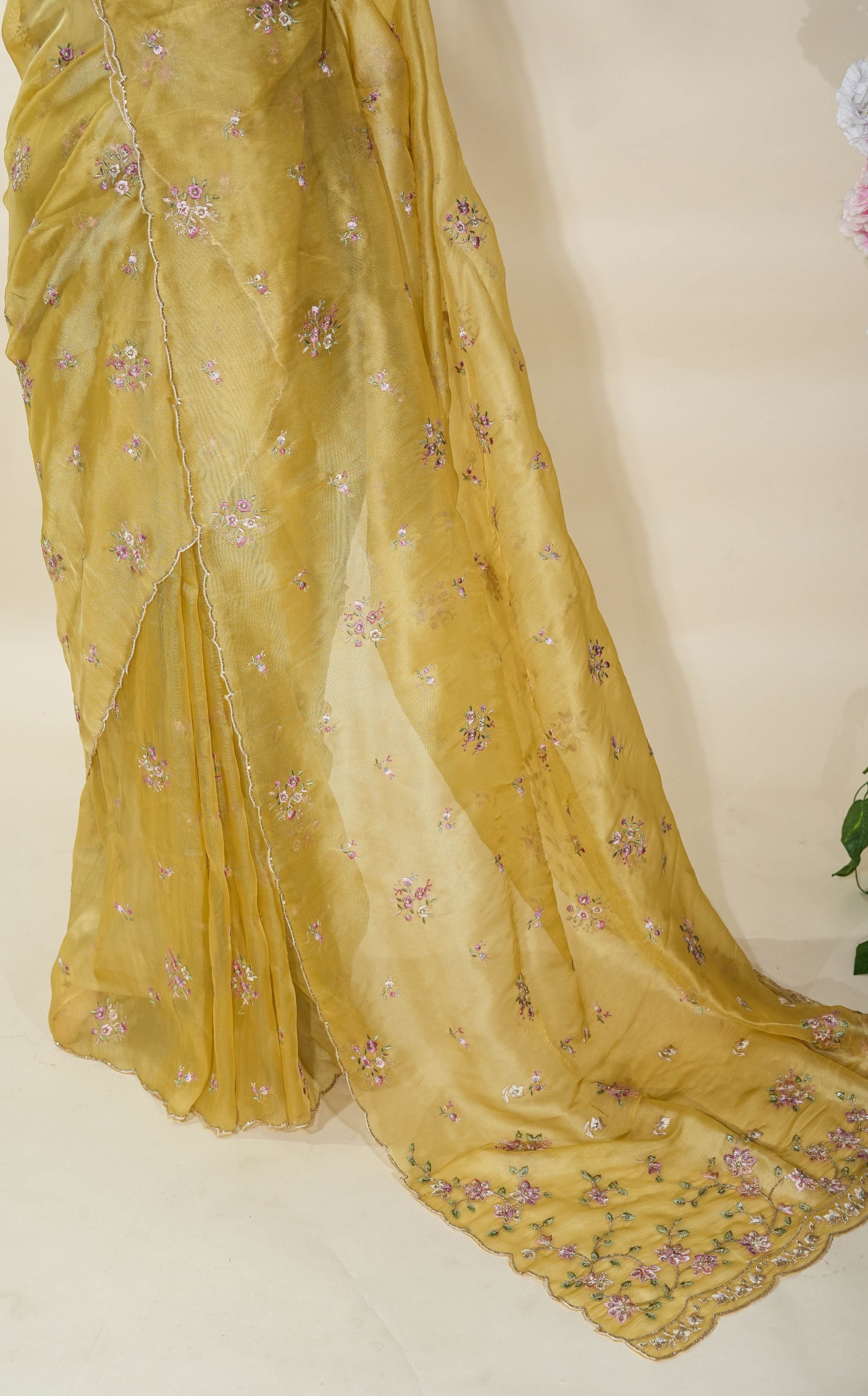 Yellow Embroidery Organza Saree