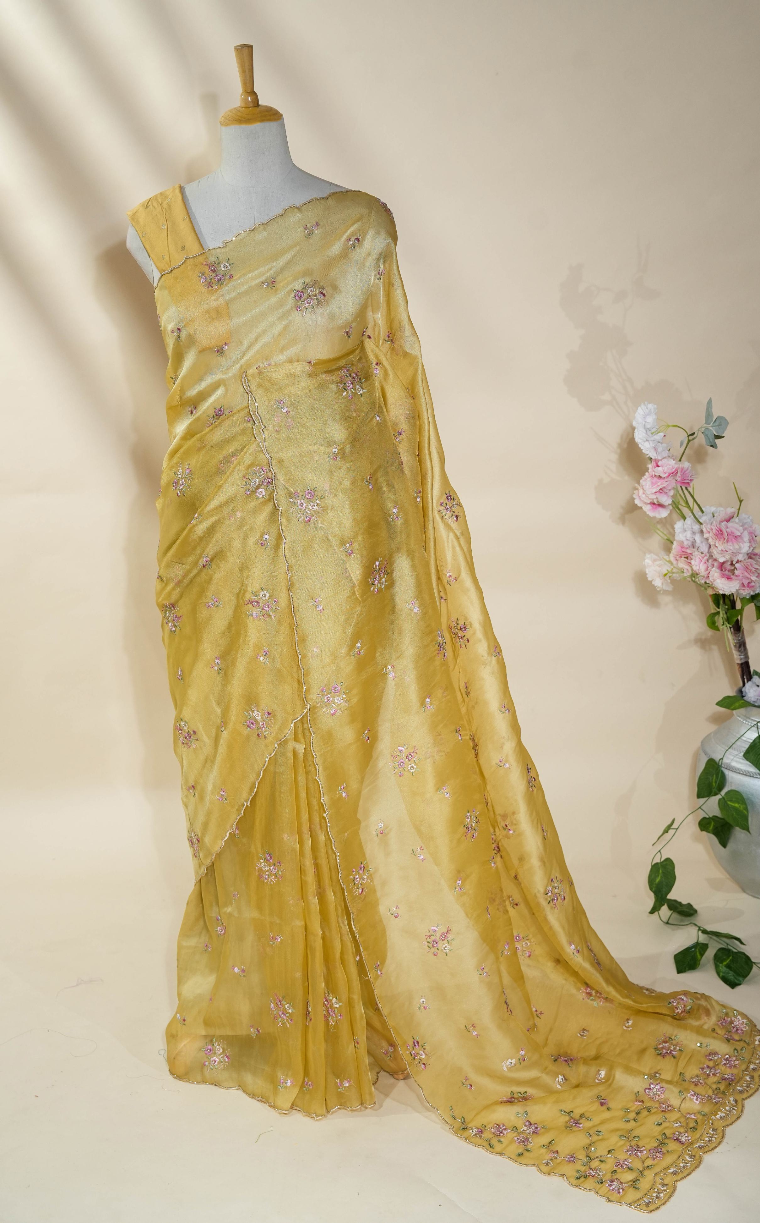 Yellow Embroidery Organza Saree