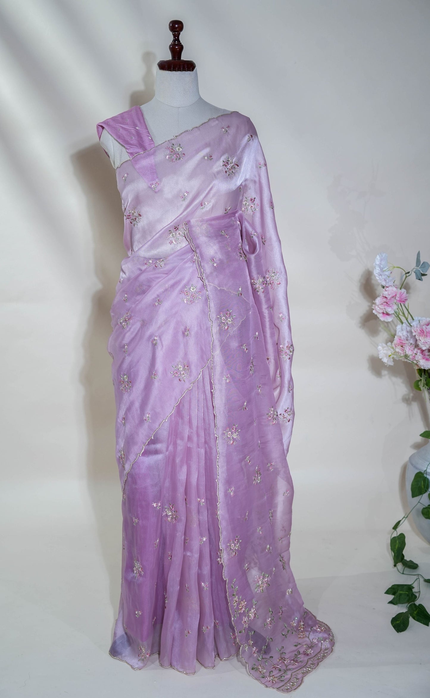 Pink Embroidery Organza Saree